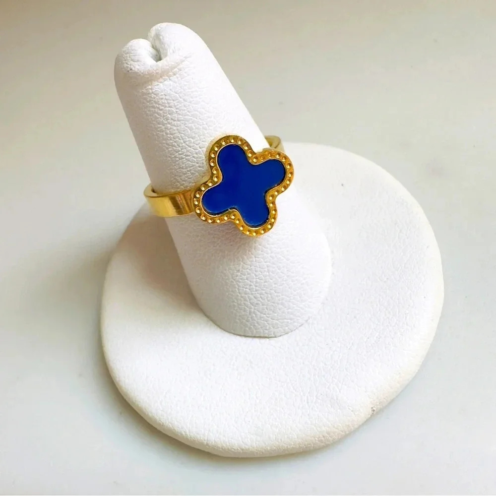 NWOT High Quality Stainless Steel Four Leaf Clover Lapis Lazuli Ring Sz 7